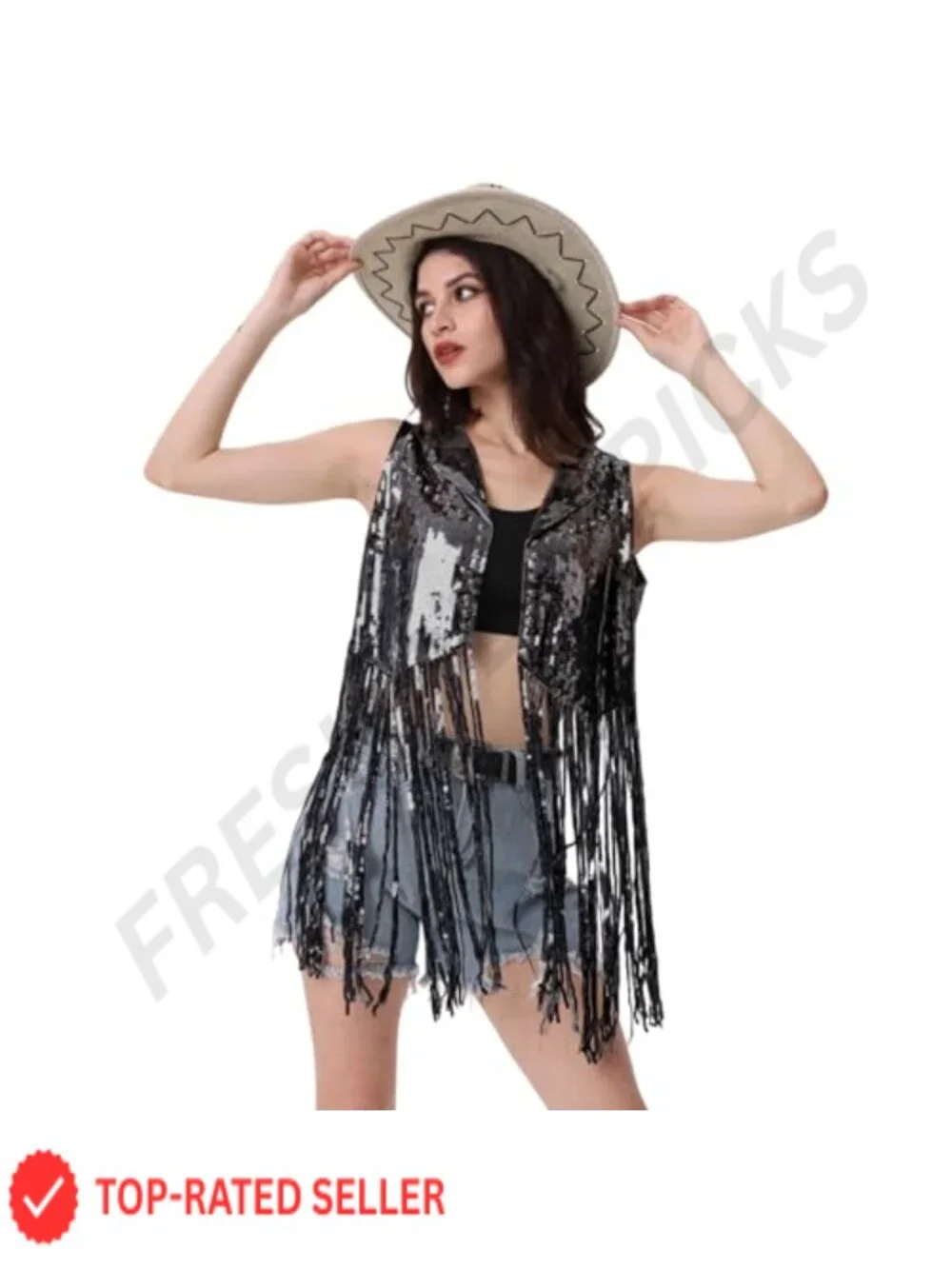 Sequin Fringe Vest Sleeveless Open Front Tassel Jacket Party Sparkly Waistcoat